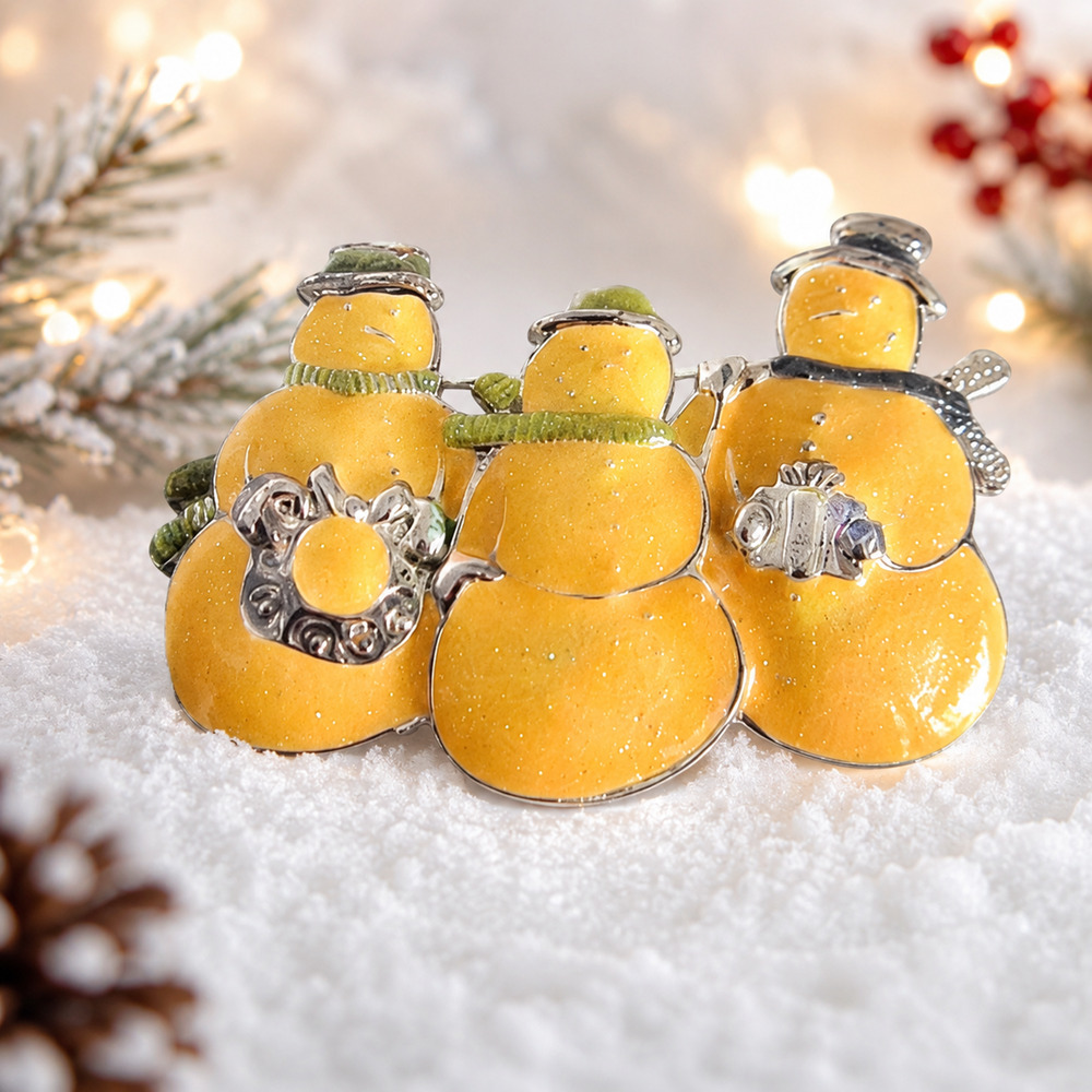 Yellow Glitter Snowman Family Brooch Silver Tone Christmas Holiday Pin 2.25”